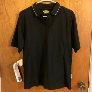 NWT black women’s polo shirt. Made with poly dry material. Size extra large.